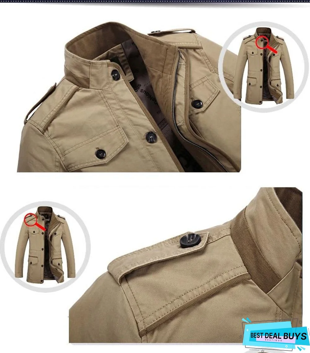 Mens Fashion Brand Casual Jacket Stand Collar Fat Slim Washed Cotton Long Jacket Coat Outwear