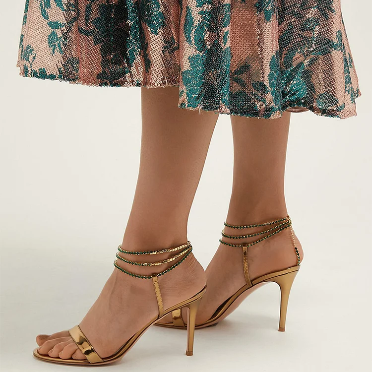 Gold Ankle Strap Sandals Chains Stiletto Heel Sandals |FSJ Shoes