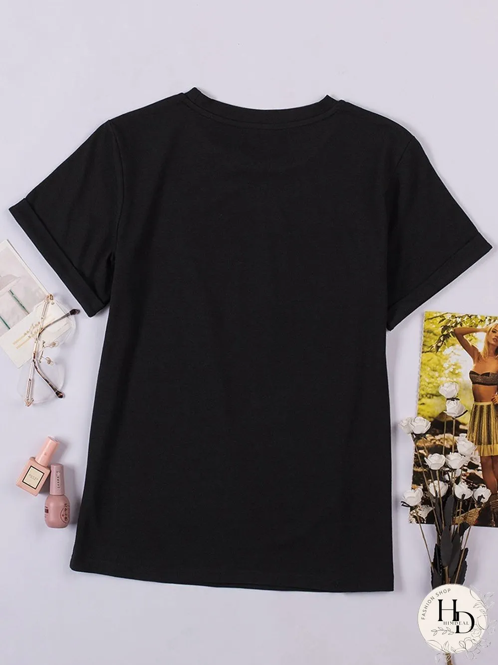 Chic Black Round Neck Short Sleeve Tee