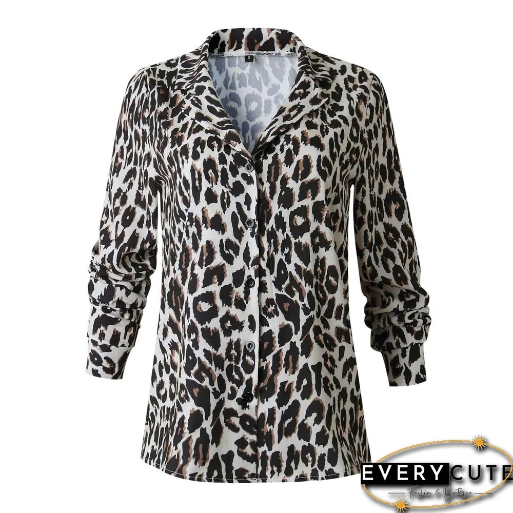 Oversized Retro Long Sleeve Leopard Print Button Up Shirt Womens
