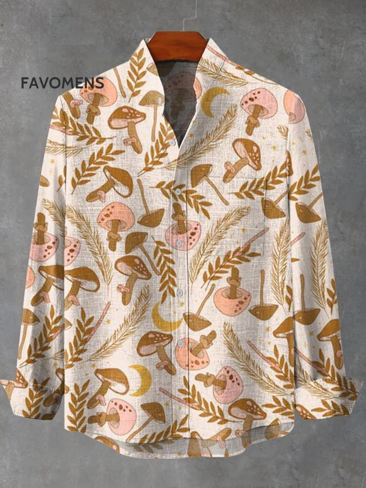 Vintage Mushroom Straw Leaves Moon Art Print 100% Cotton Long Sleeve Shirt Multicolor / S