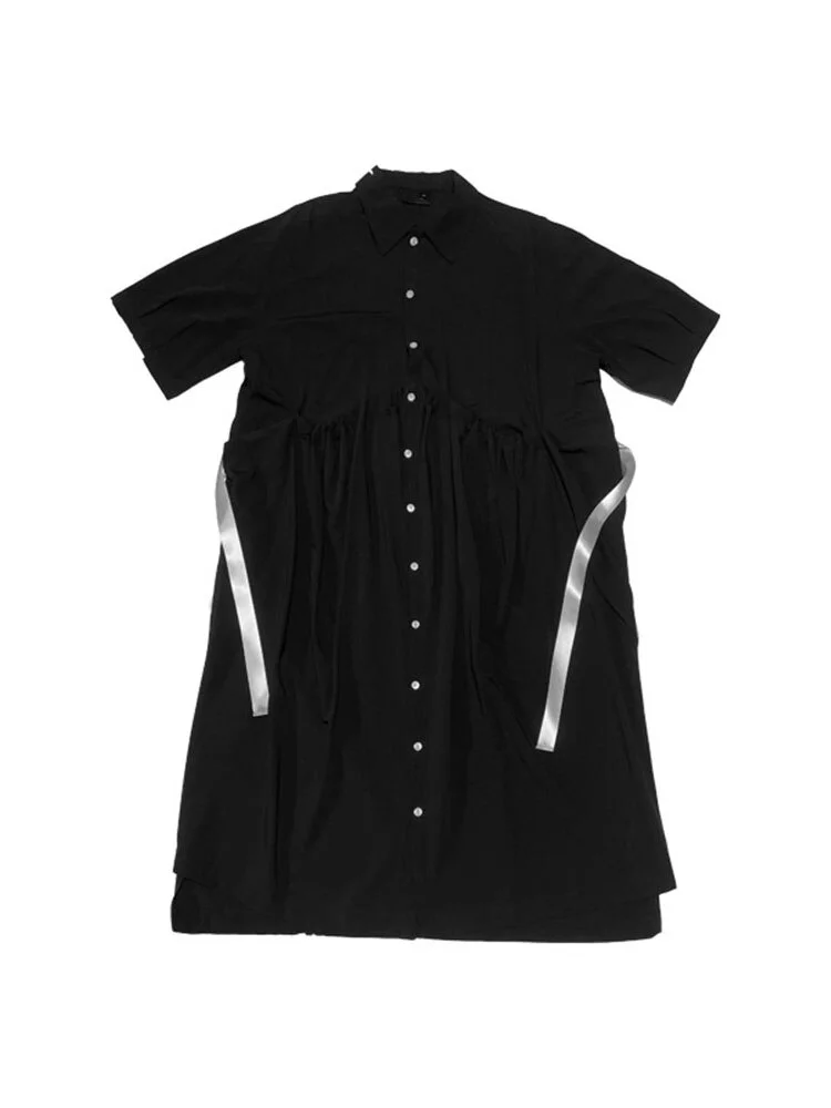 Casual Black Lapel Single Breasted Loose Waist Splicing Ribbons Half Sleeve Dress      