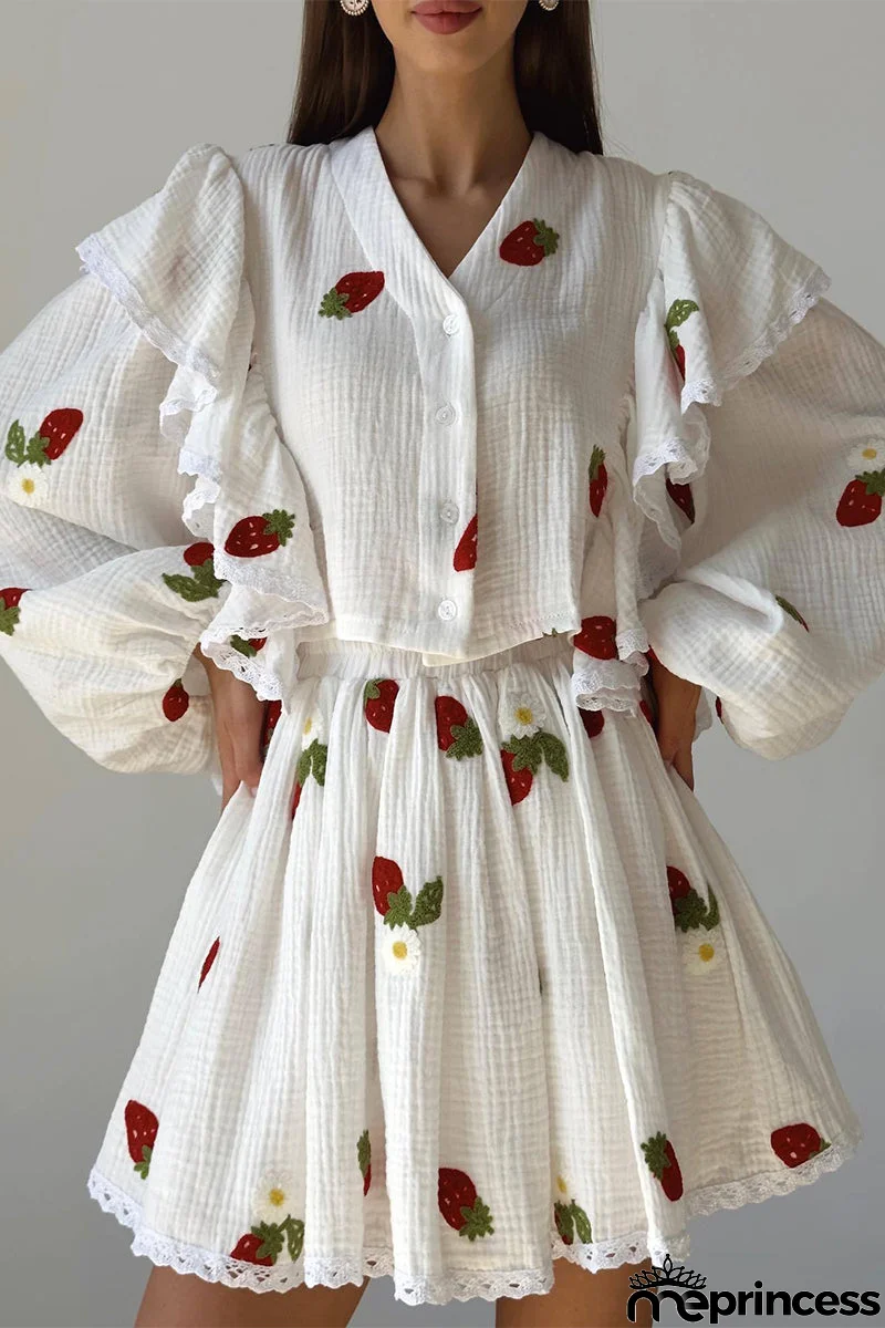Casual Print Flounce V Neck Long Sleeve Two Pieces(3 Colors)
