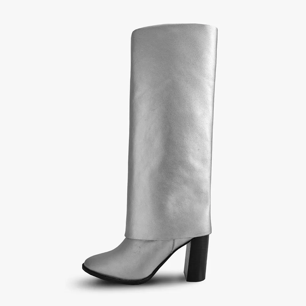 Women's Silver Closed Toe Chunky Heel Knee High Fold Over Boots