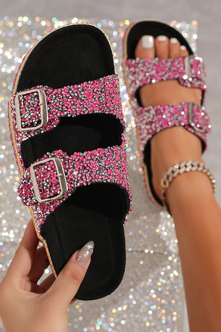 Glitter Colourful Rhinestone Double Buckles Round Toe Slippers-Fuchsia