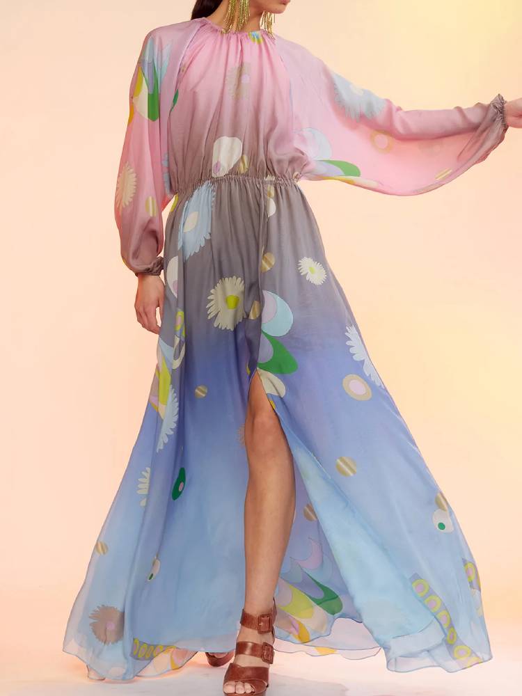 Rotimia Gradient Printing Elastic Waist  Long Sleeve Maxi Dress