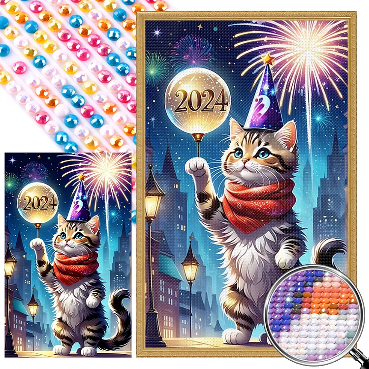 New Year Kitten - Full AB Round Drill Diamond Painting - 30*50CM(Picture)