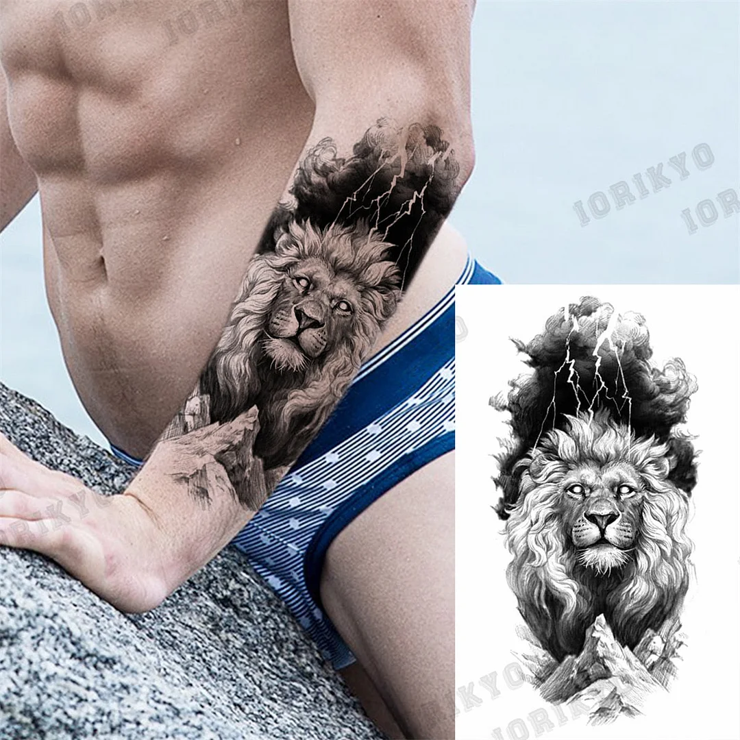 Black Lion Wolf Temporary Tattoos For Men Adult Forest Rose Compass Warrior Fake Tattoo Washable Body Art Painting Tatoo Sticker