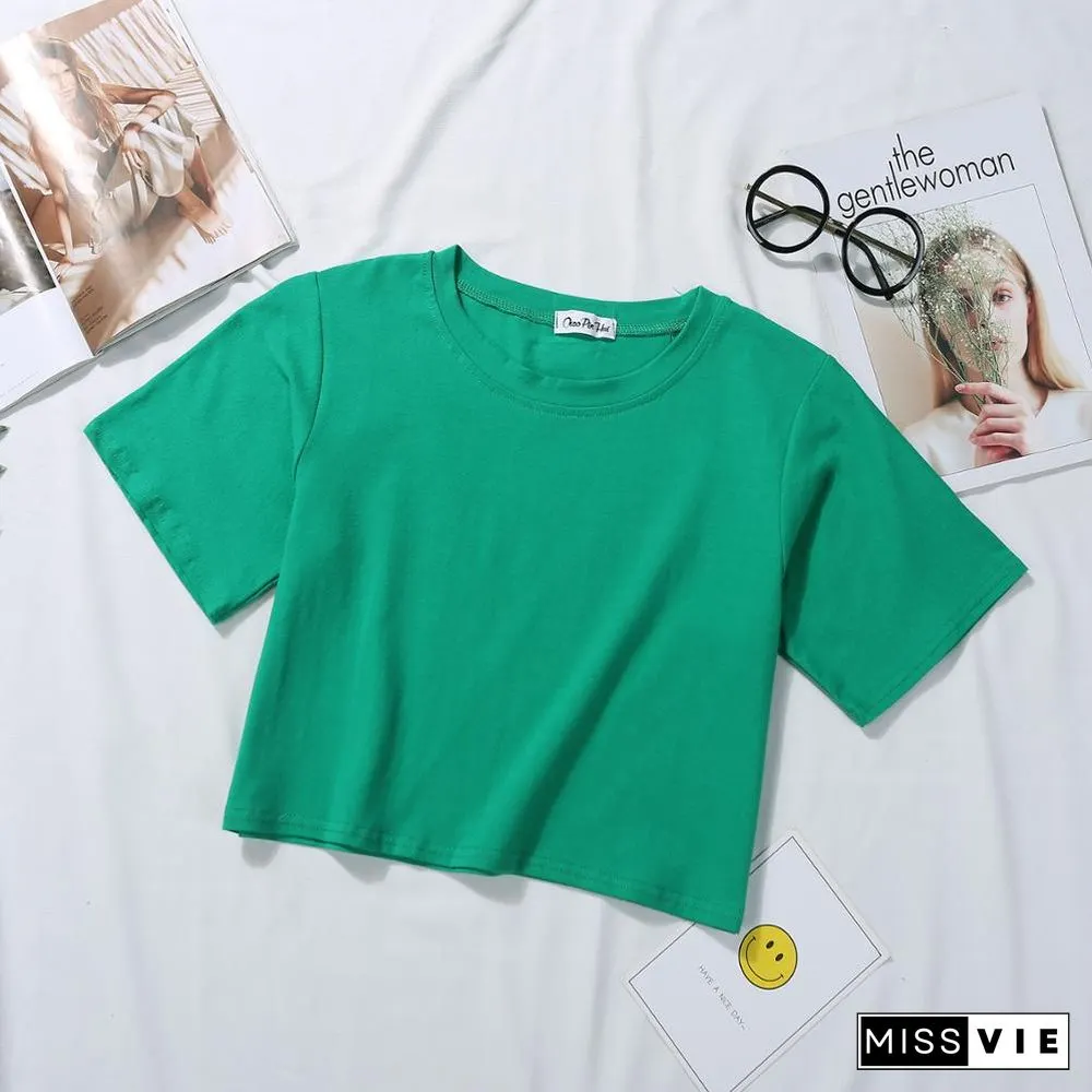 Summer Short Sleeve T Shirts Women Cotton Solid T-shirt O Neck High Waist Tee Female Casual Loose T Shirt