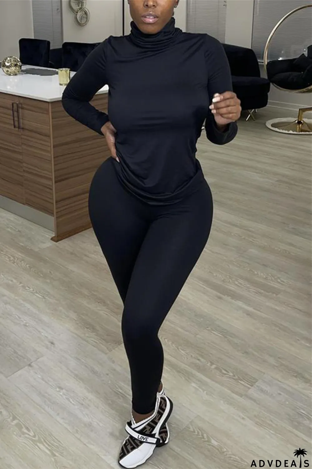 Blue Casual Solid Basic Turtleneck Long Sleeve Two Pieces