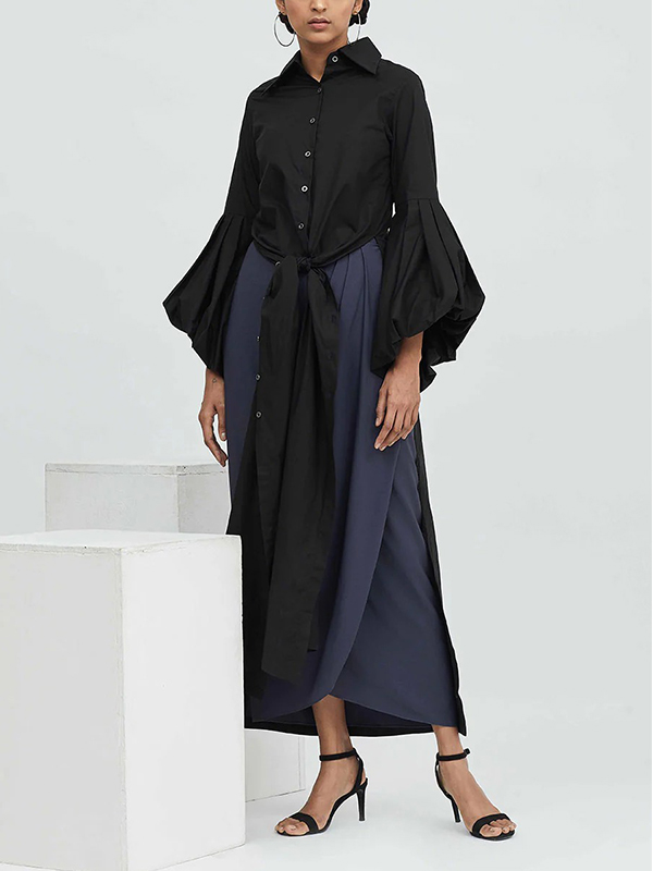 Puff Long Sleeve Single Button Front Knot Detail Blouses