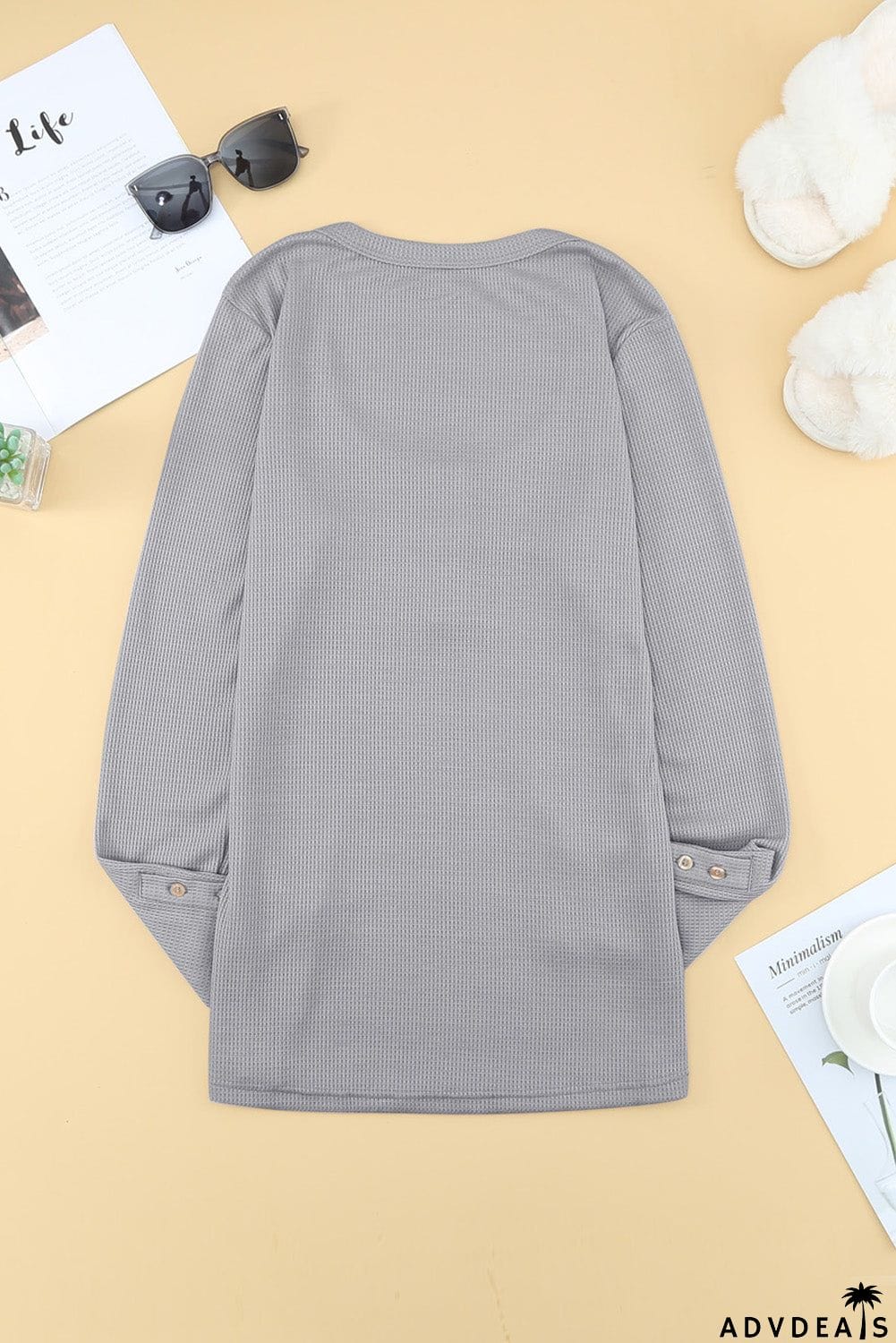 Scoop Neck Button Closure Ribbed Long Sleeve Top