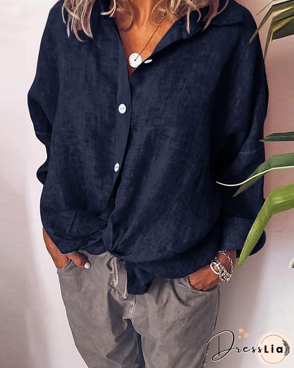 Women's Lapel Cardigan Two-tone Cotton Single-breasted Long Sleeve Shirt