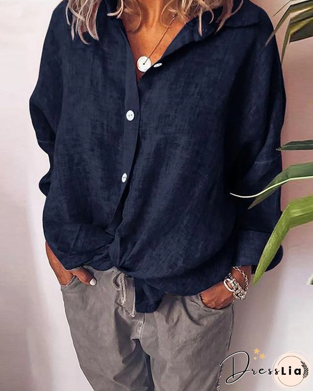 Women's Lapel Cardigan Two-tone Cotton Single-breasted Long Sleeve Shirt