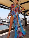 Chiffon Floral-Print Long Sleeve Deep V Neck Side Split Maxi Dress