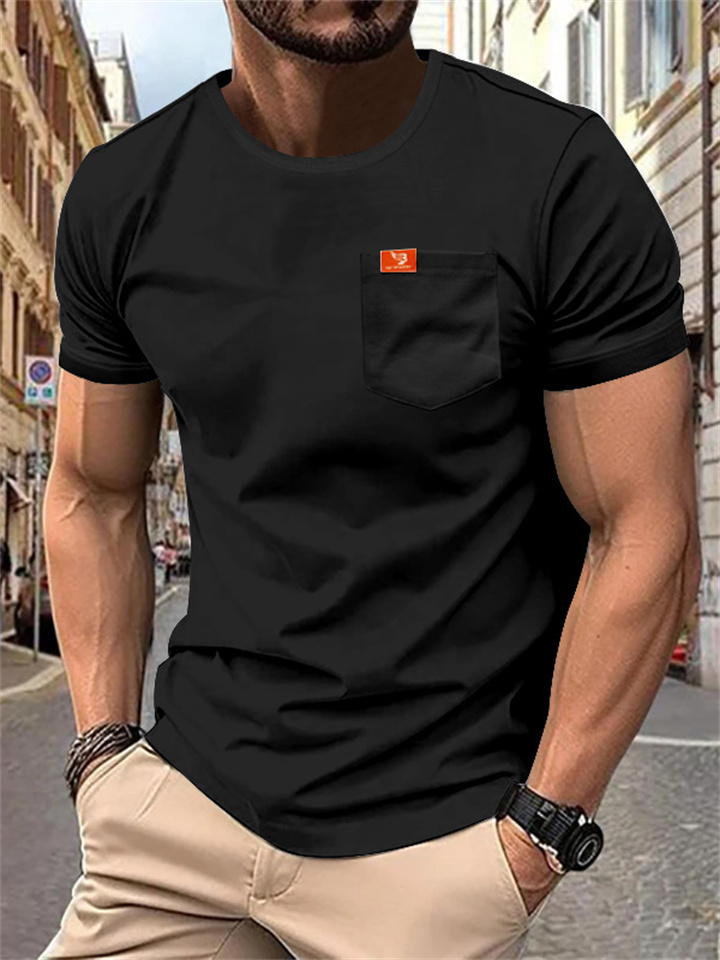 New Men's Large Size Solid Color T-shirt Fashion Casual Pockets Slim Type Round Neck T-shirt