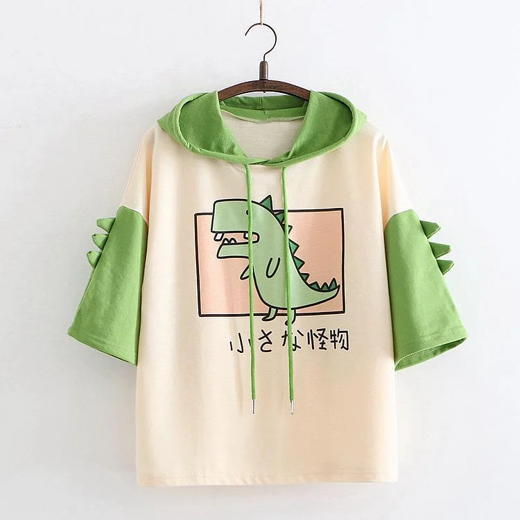 Dinosaur Cartoon Hooded T-shirt - Gotamochi Kawaii Shop, Kawaii Clothes