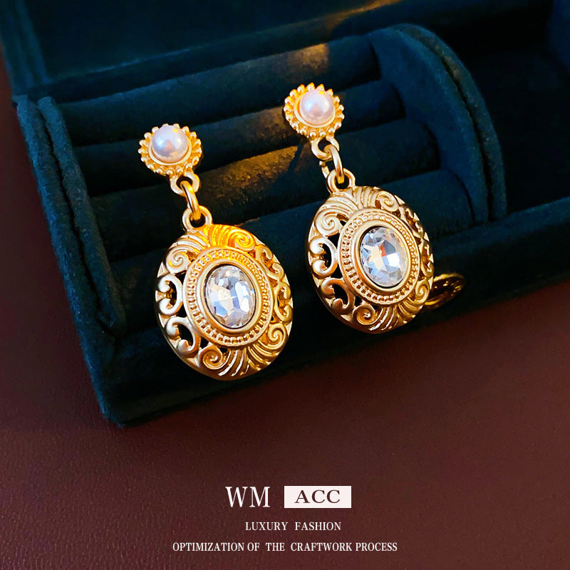 Luxurious Round Ellipse Geometric Flower Artificial Pearl Diamond Inlay Earrings