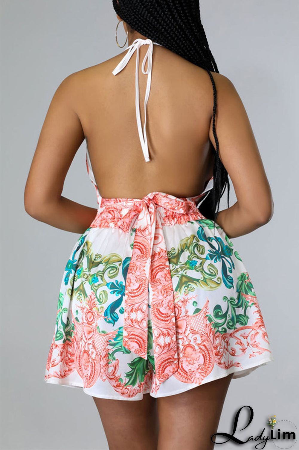 Blue Fashion Sexy Print Bandage Backless Halter Sleeveless Two Pieces