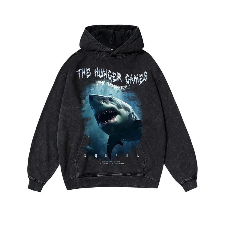 Sopula Shark Letters Casual Graphic Washed Hoodie