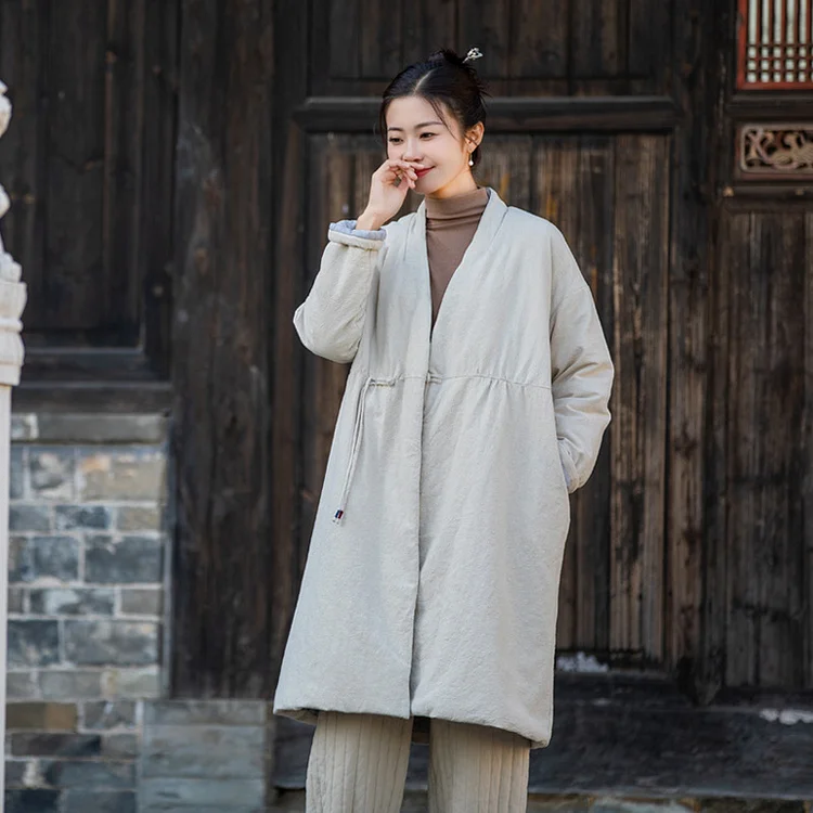 Retro Solid Color V-Neck Long Sleeve Thickened Cotton Coat - yankia