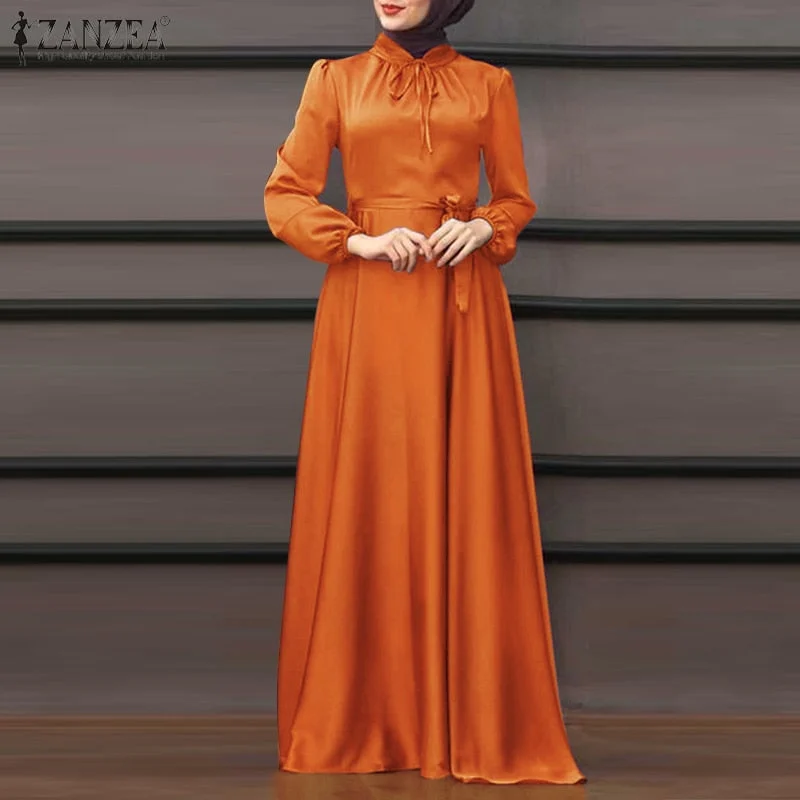 ZANZEA Elegant Spring Long Sleeve Solid Maxi Long Satin Dress Women Sundress Dubai Abaya Hijab Muslim Dress Robe Lace Up Vestido