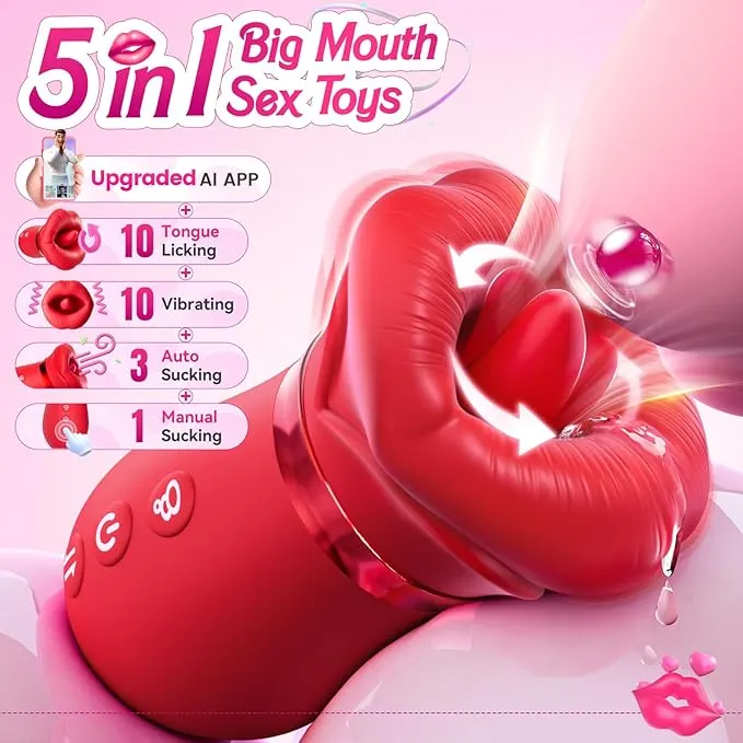 Vibrator oral Sovokn 5 &icirc;n 1 &icirc;n formă de trandafir pentru femei, cu 10 funcții de linge a limbii, 3 funcții de supt automat și 1 funcție de supt manual. De asemenea, are un nou control al aplicațiilor și funcționează ca un masaj anal.