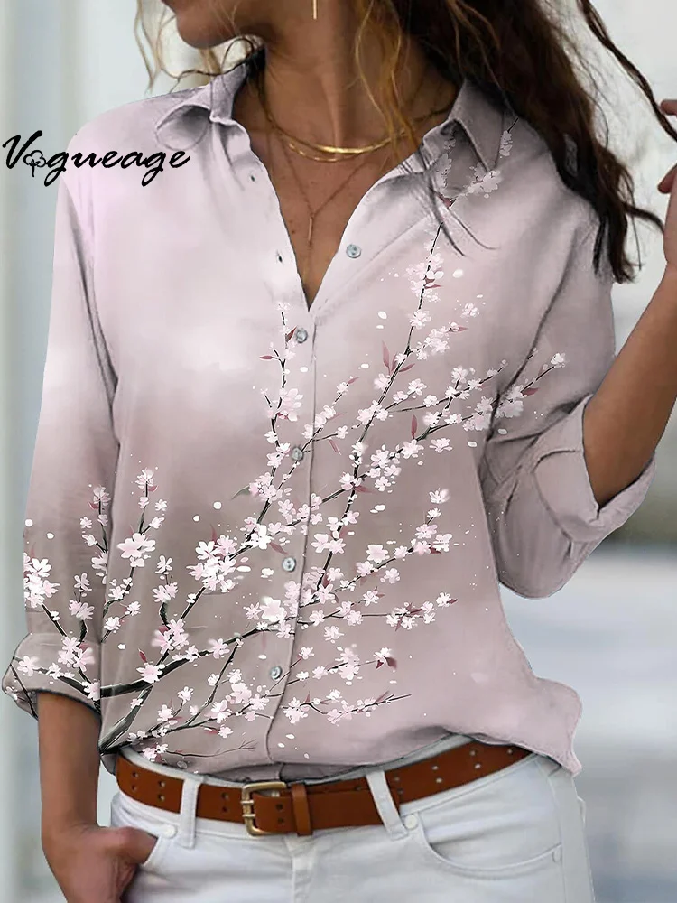 V-Neck Long-Sleeved Loose Peach Blossom Printed Cotton And Linen Shirt