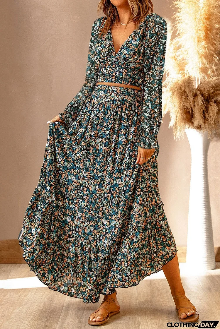 color Floral Bishop Sleeve V Neck Top and Maxi Skirt Set