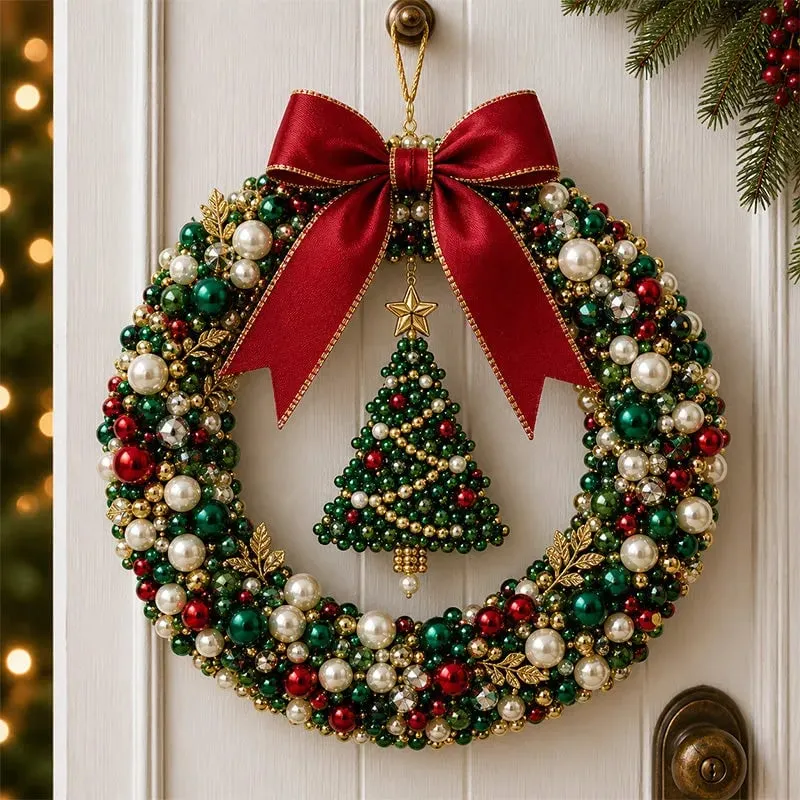 Finished handmade classic Christmas pearl wreath hanging on a door
