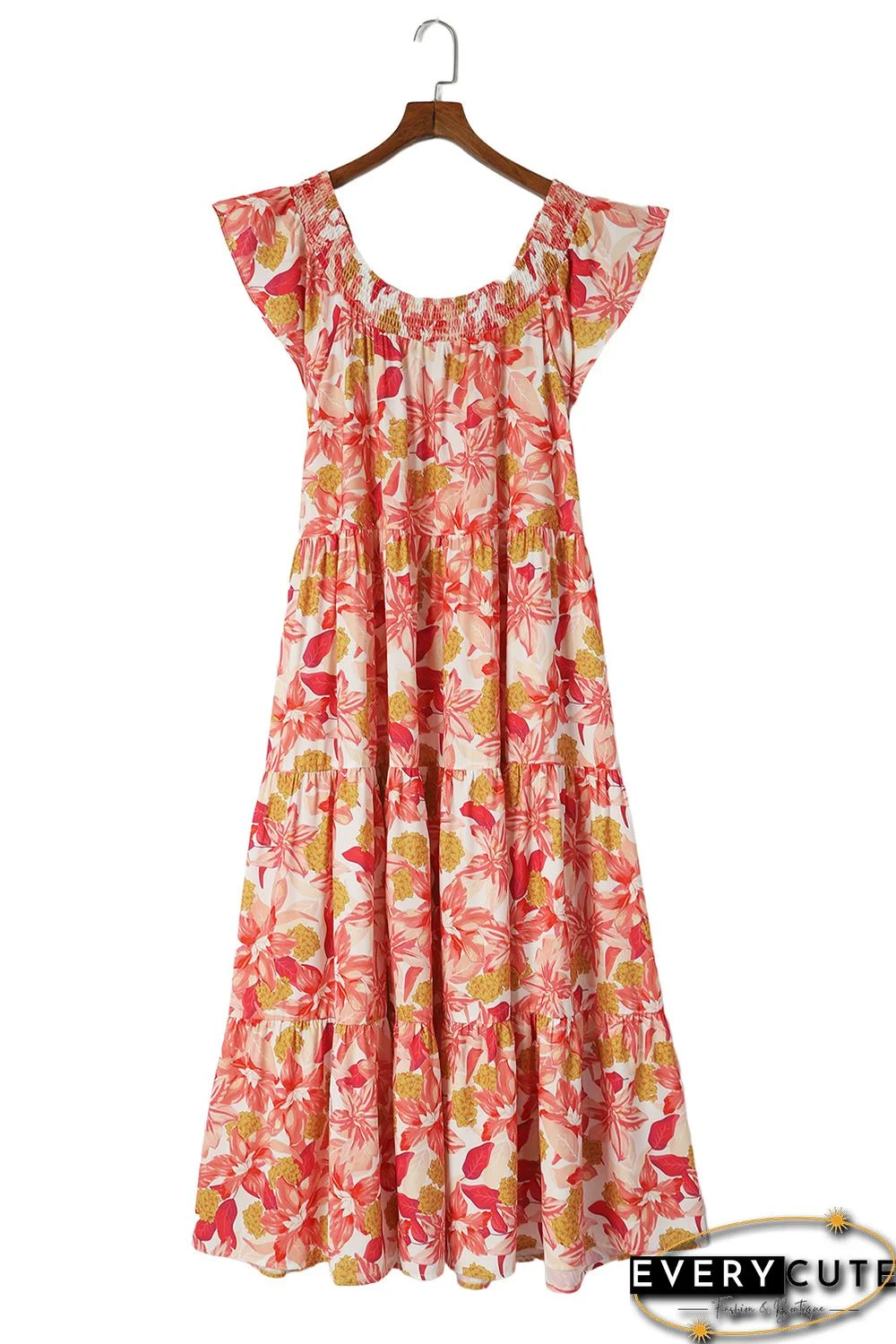 Orange Floral Print Shirred Ruffled Sleeveless Plus Size Dress