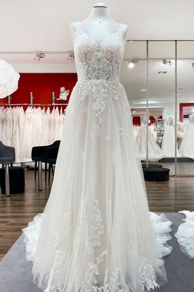 Bellasprom Modest Long Lace Wedding Dress With Tulle Spaghetti-Straps V-Neck Bellasprom