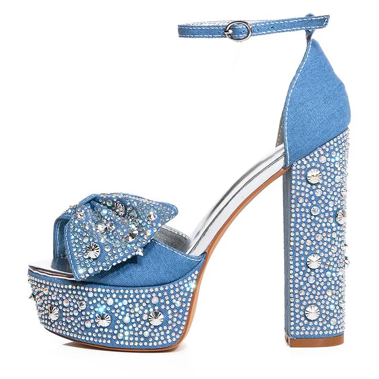 Blue Platform Denim Shoes Elegant Peep Toe Chunky Heel Party Rhinestone Sandals |FSJ Shoes