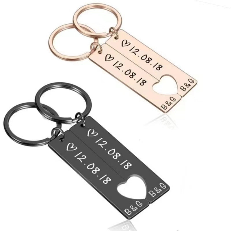 Hot Selling Stainless Steel Strip Heart-Matching Personality Simple Couple Keychain Engraved Date Factory In Stock