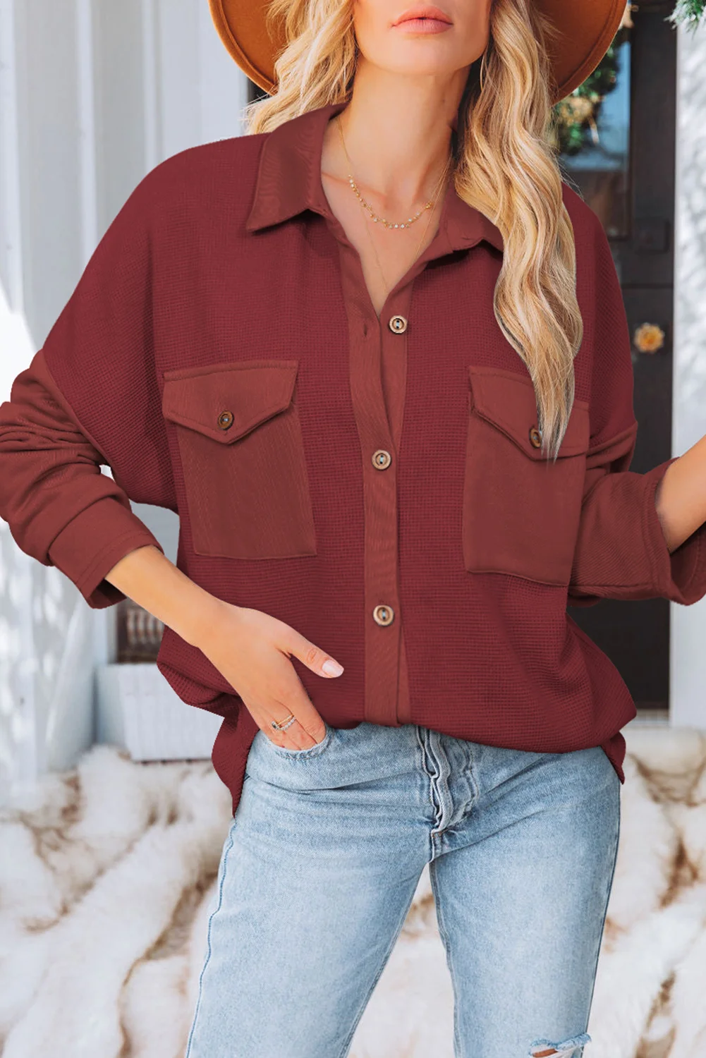 Red Waffle Knit Patch Pocket Shacket | IFYHOME