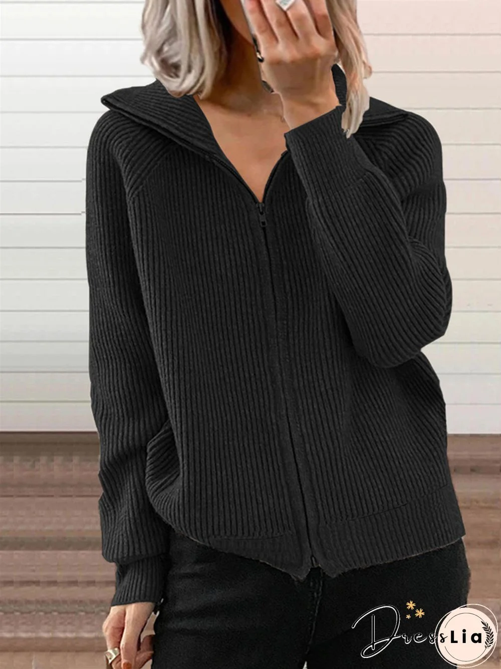 Casual Loose Zipper Cardigan Long Sleeve Lapel Knit Sweater