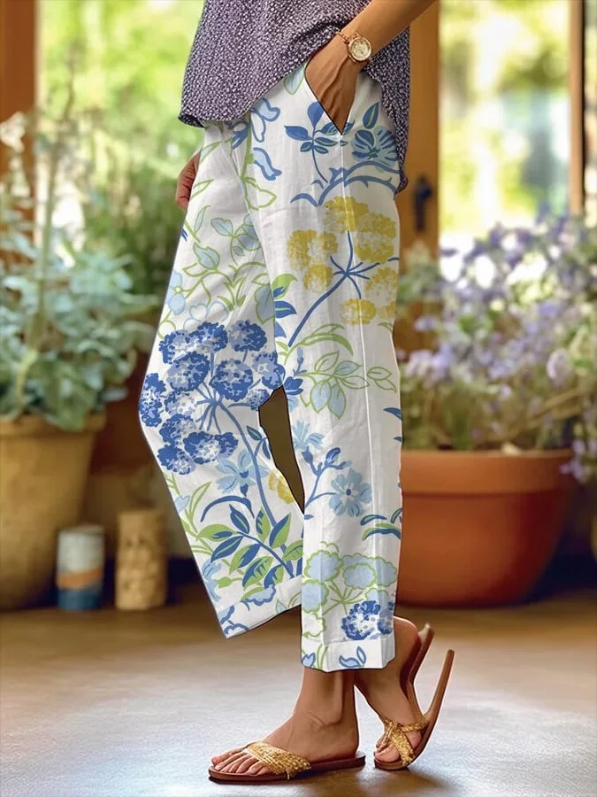 Women's Botanical Floral Design Printed Loose Pocket Patchwork Casual Pants