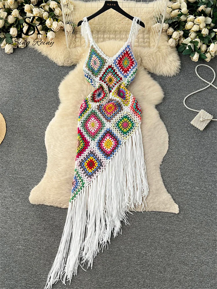 Huibahe Hollow Out Behomian Beach Sundress Women Strap Plaid Elastic Tassel Long Dress Irregular Knitted Backless Maxi Dress