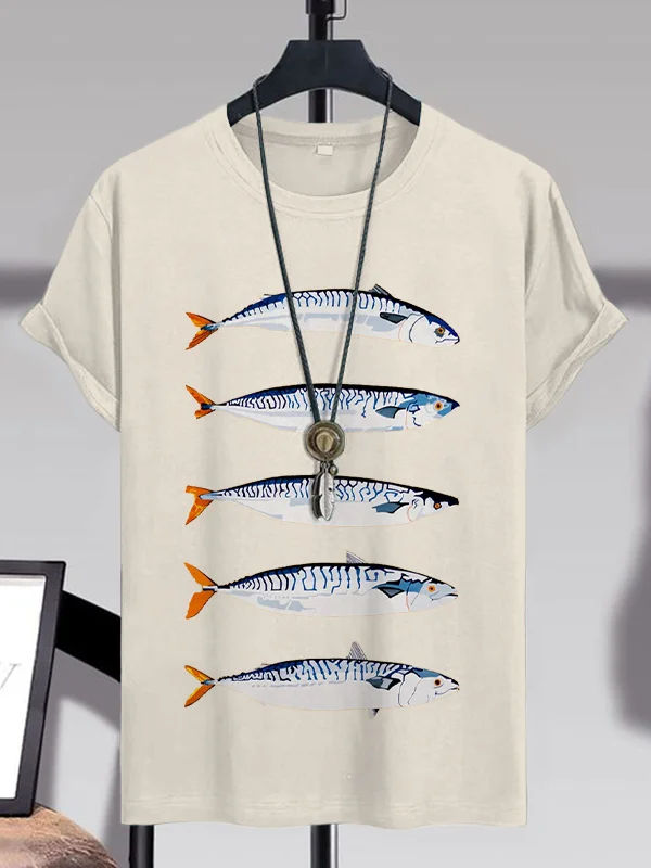 100% Cotton Men's Retro Sardines Art Print Casual T-Shirt