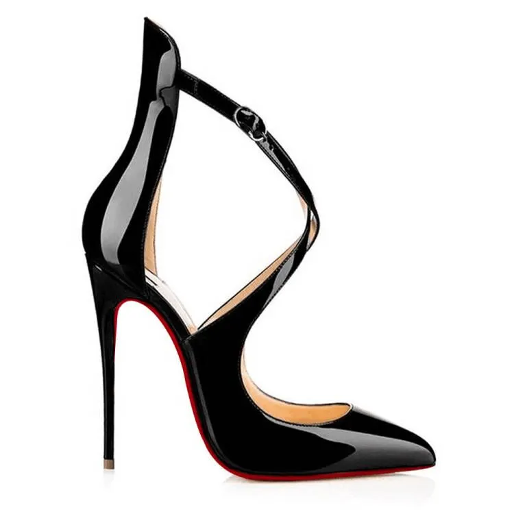 120mm Women's Pointed toe Cross Strap Sexy Cut High Heels Pumps For Party Black Patent-vocosishoes
