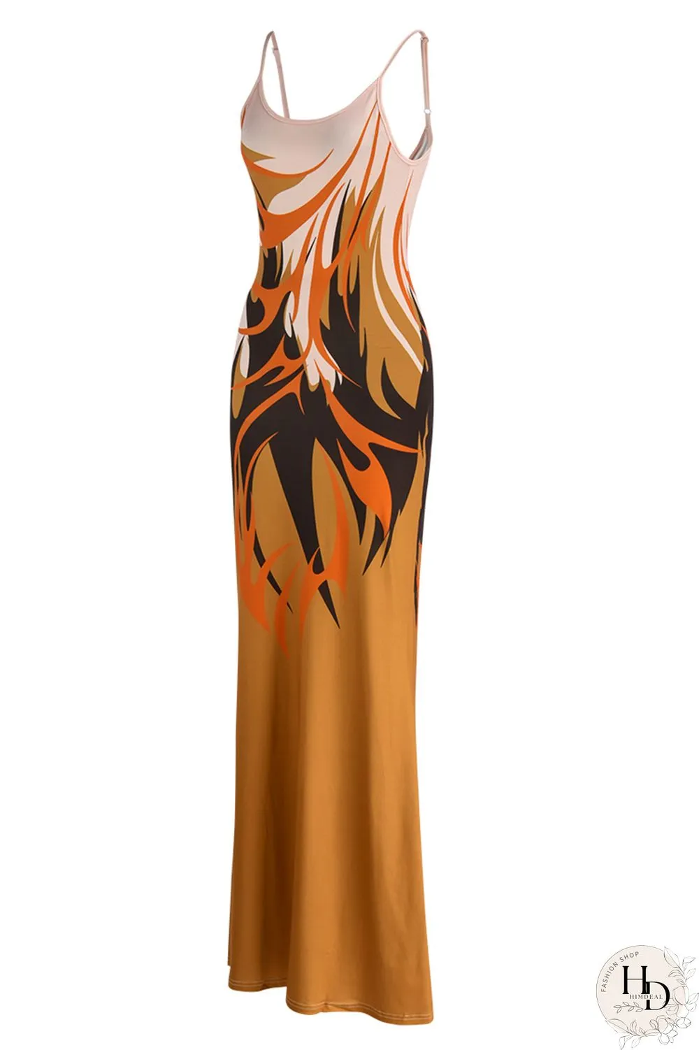 Ginger Fashion Sexy Print Backless Spaghetti Strap Long Dress