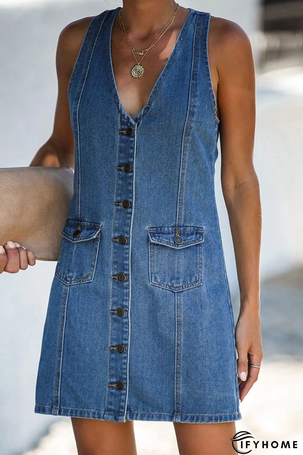 Denim Single-Breasted Sleeveless Dress | IFYHOME