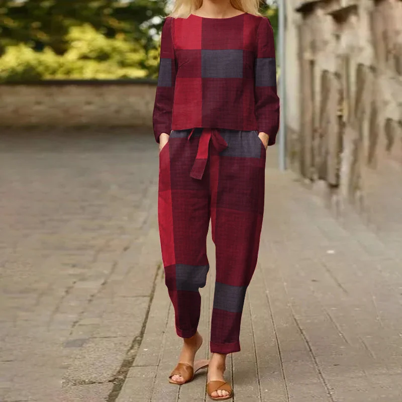 Casual Spring And Summer Plaid Two Piece Set