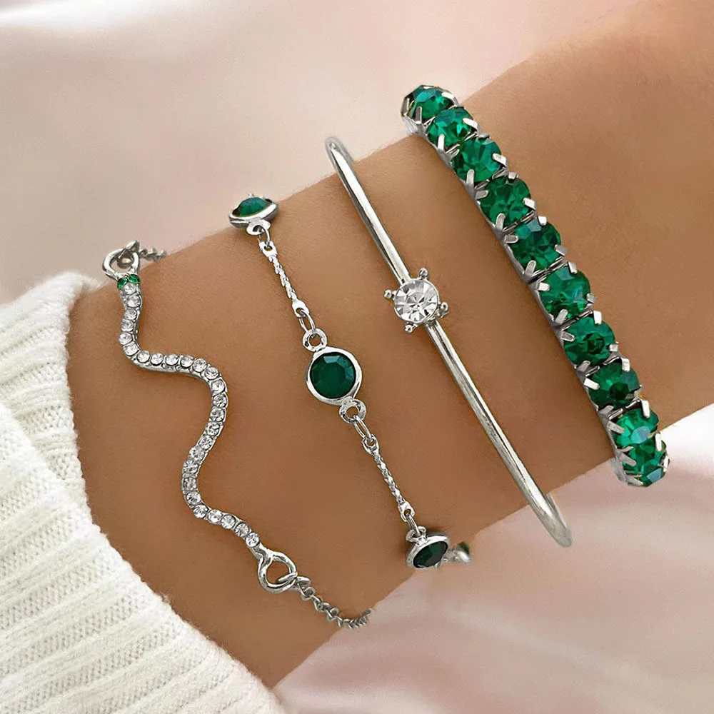 Tegooe 4PCS Stackable Bracelet Set - Rhinestone Snake Green Crystal Charm Bangle