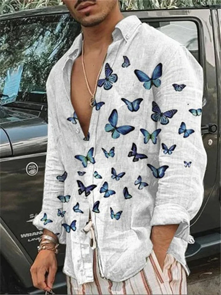 Men's Blue, White 3D Printed Lapel Cardigan Long-sleeved Shirt S,M,L,XL,XXL,XXXL,XXXXL,5XL,6XL-Cosfine