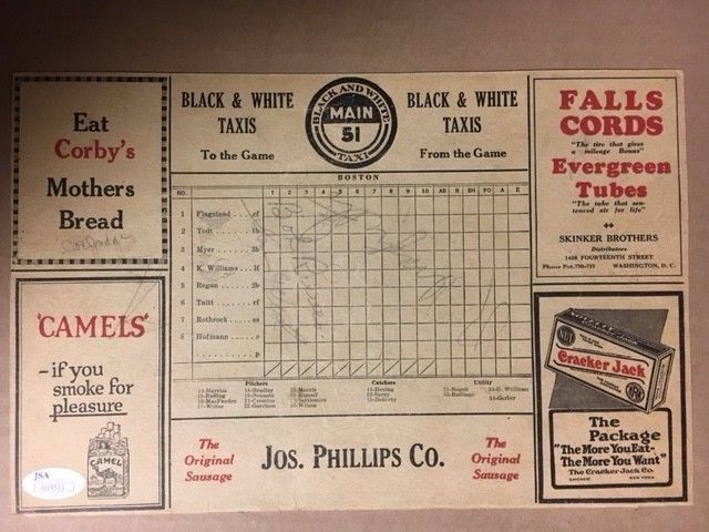 1927 Washington Senators vs Red Sox Signed Score Card(4)Joe Judge,Sam West, JSA