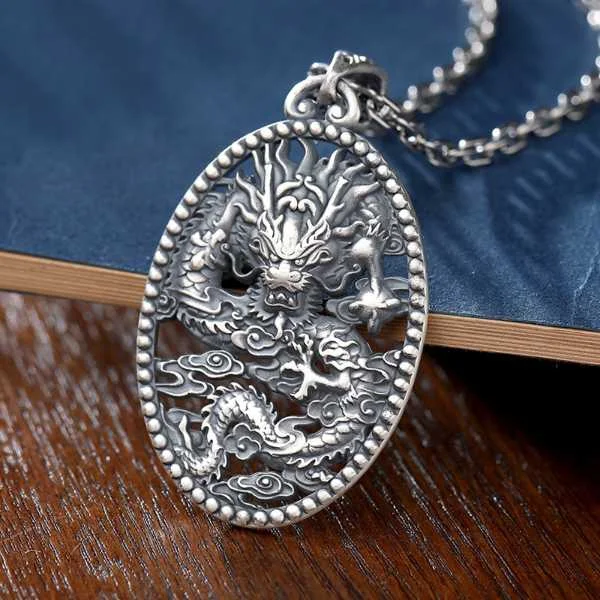 Sterling Silver Dragon Auspicious Wisdom Pendant Necklace