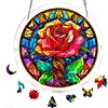 (25cm)DIY Acrylic Jigsaw Puzzle Window Hanging with Hanging Chain DIY Stained Glass Decoration Round Window Puzzle Decor for DIY Craft Project (Stained Glass Red Rose)