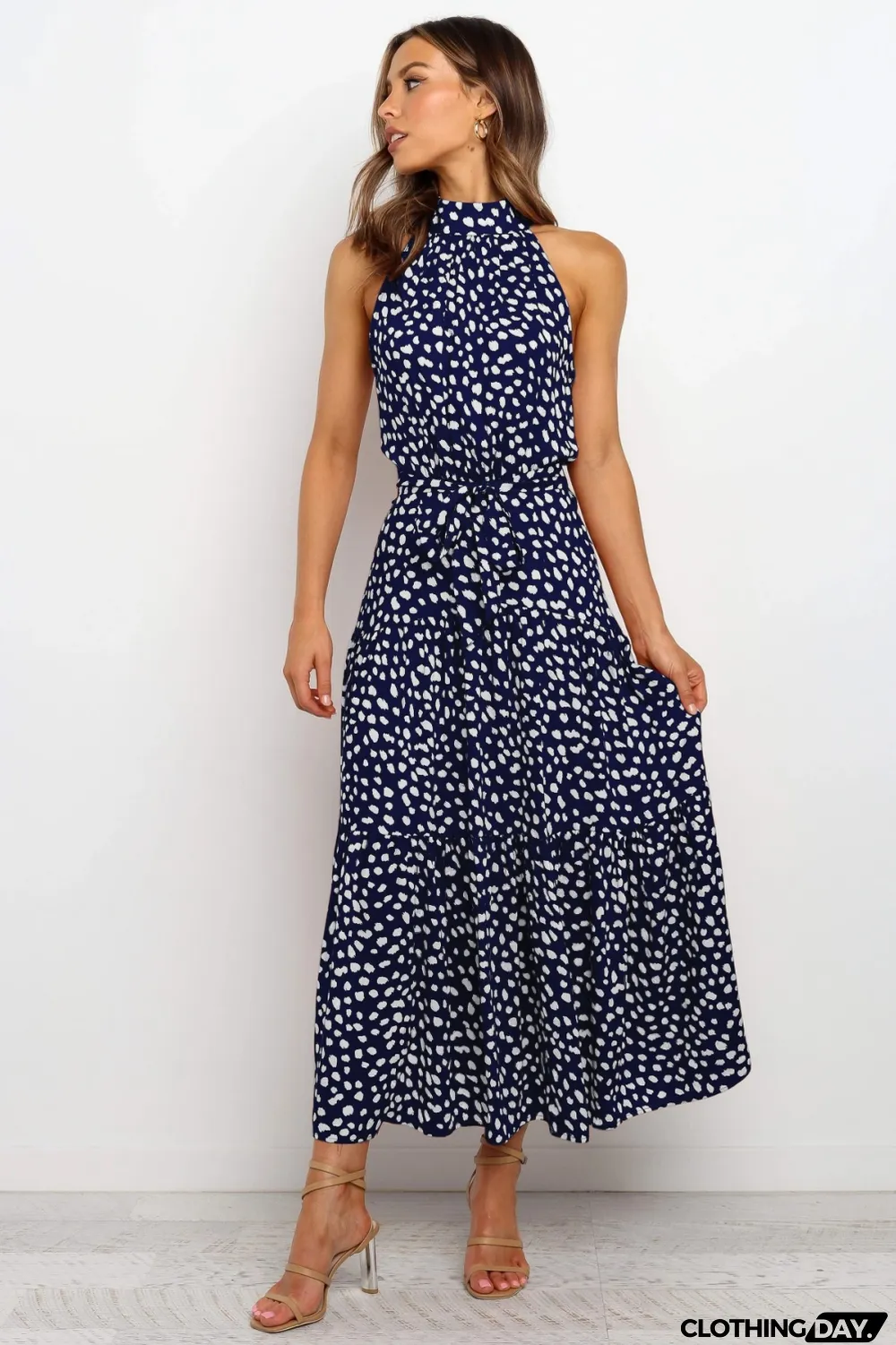 Print Elegant Long Dress with Scoop Neckline