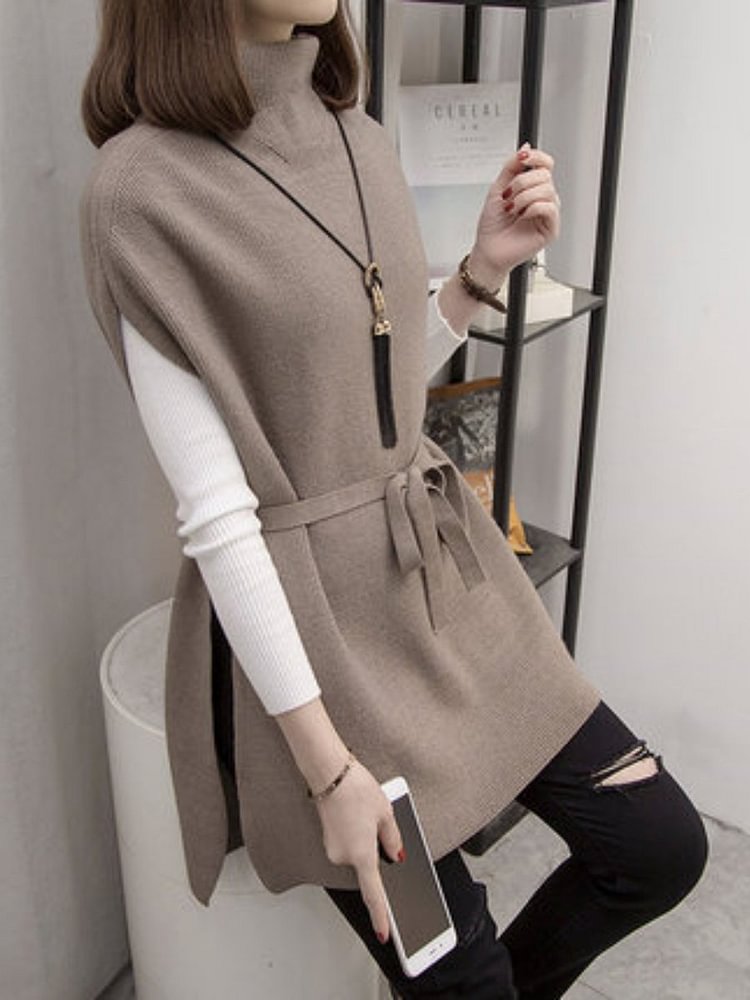 Mayoulove Sweater Vest For Women Half Turtleneck Loose Pullover Knitted Sweater-Mayoulove